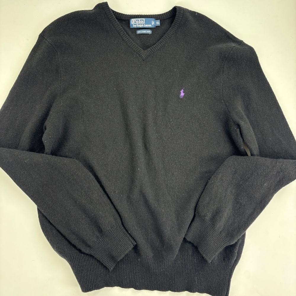 Polo by Ralph Lauren Black V-Neck Sweater with Purple Logo - Picture 5 of 10